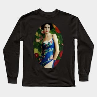 Elegant Art Deco Style Woman with Large Flowers Collage Long Sleeve T-Shirt